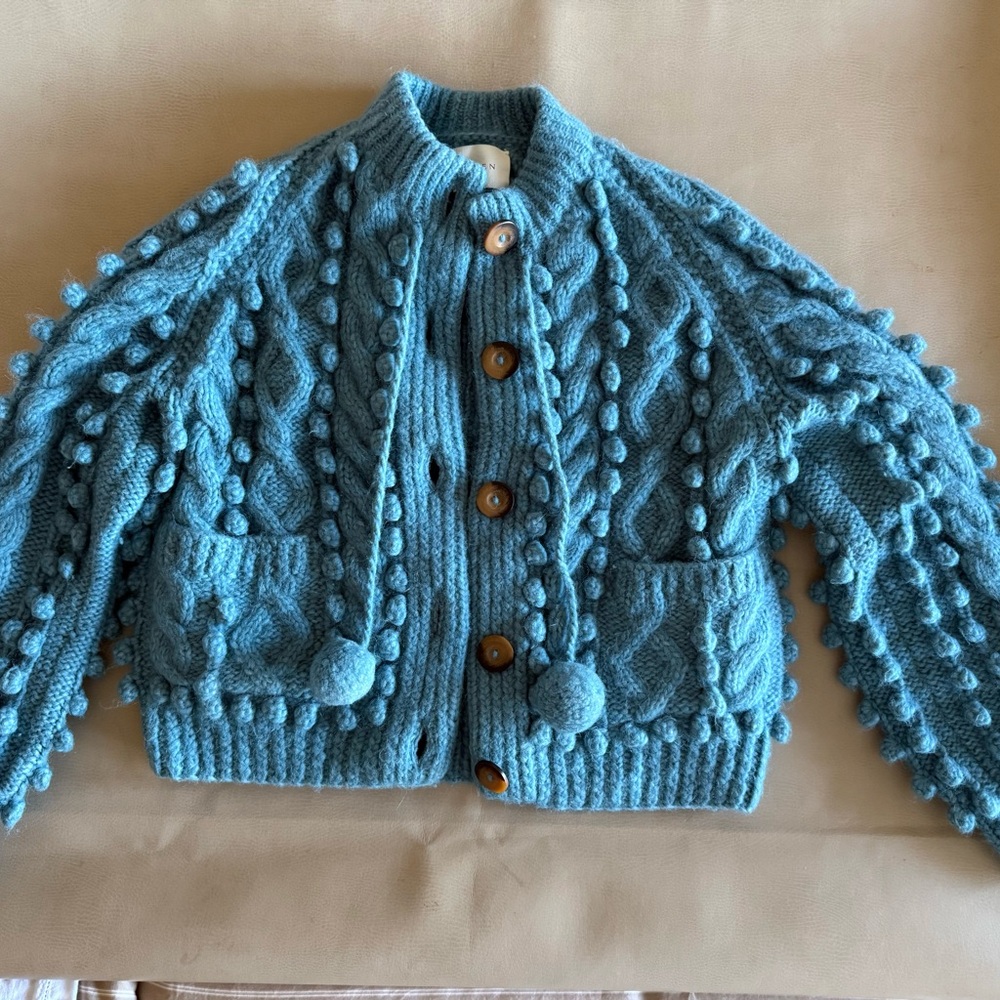 Doên Pomme Cardigan Monaco Blue Baby Alpaca Hand Knit Sweater M